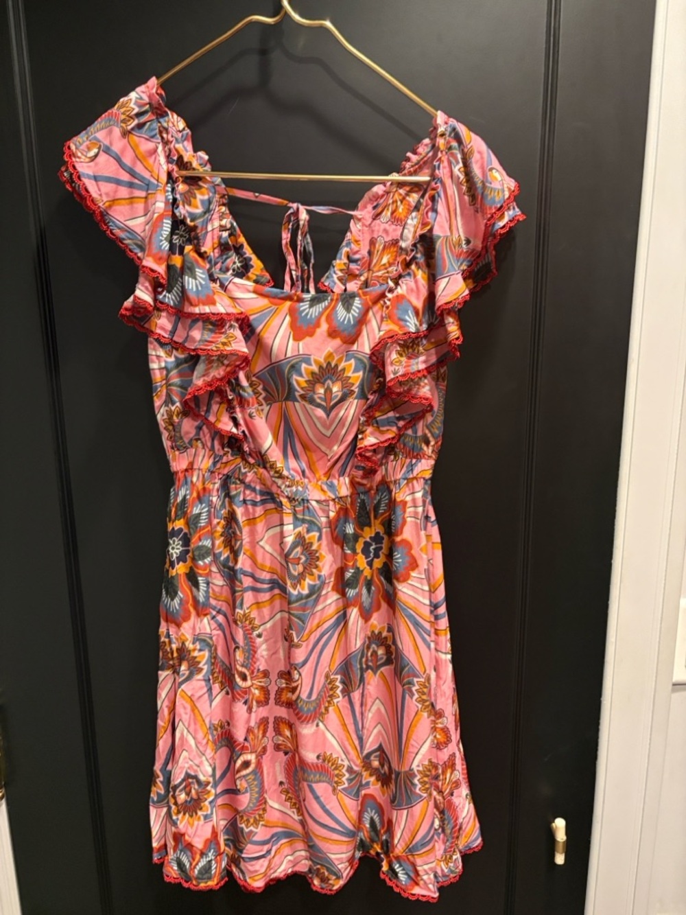 Anthropologie Pink Multicolor Ruffle-Sleeve Dress crochet farm Rio medium